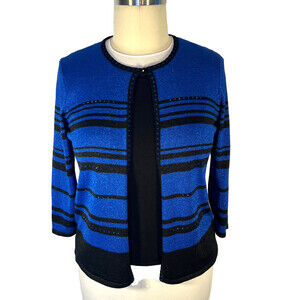 Alfred Dunner - Cardigan Sweater/Tank Twinset Women's L Royal Blue Black Stripe